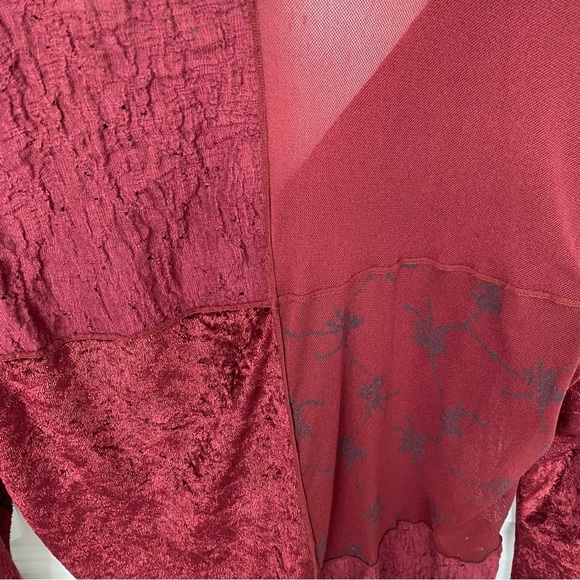 J Jill deep red velvet accents partially sheer button down Top - Picture 4 of 12